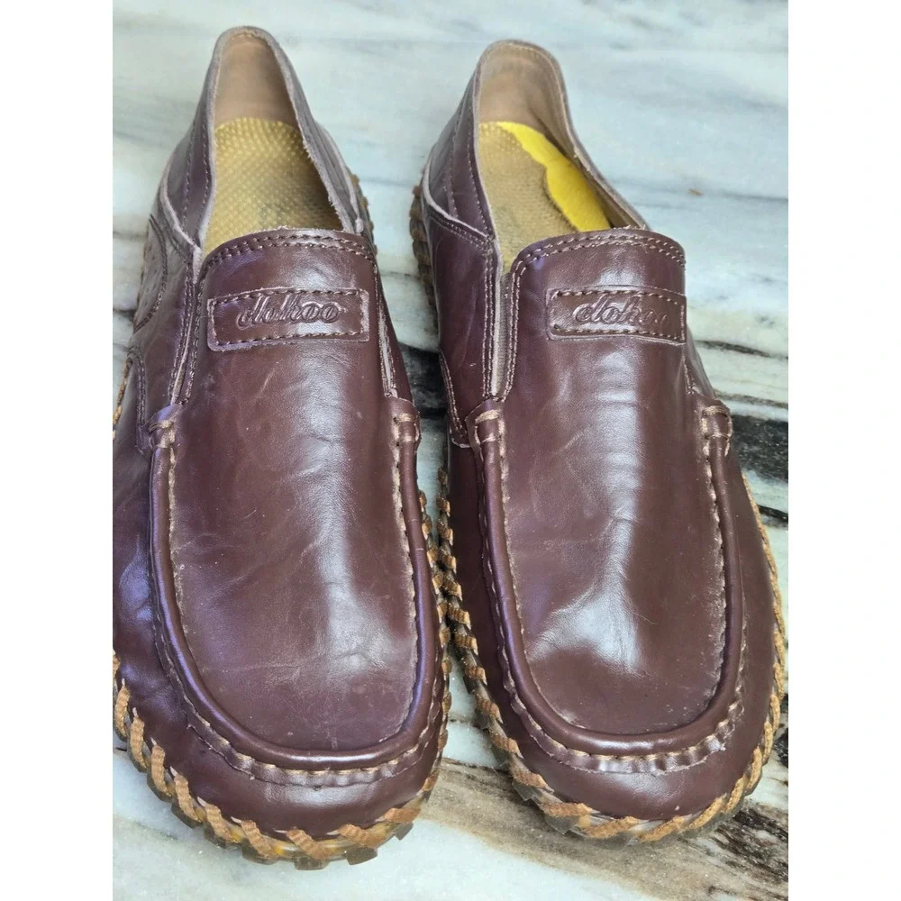Dohko Mens Brown Leather Driving Loafers Slip On Whipstitch Moc Toe Shoes 9.5